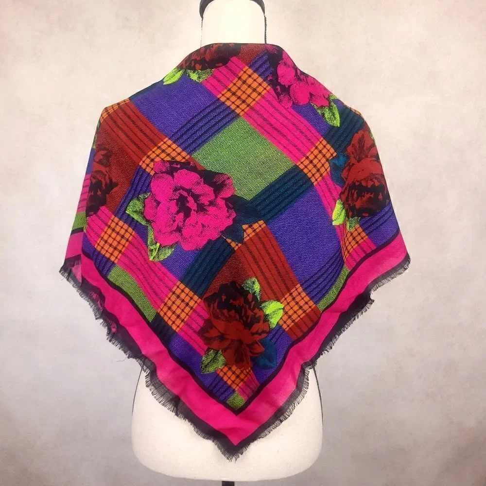 Axcess Wool Scarf Pink Blue Green Floral Colorblock - Picture 1 of 4